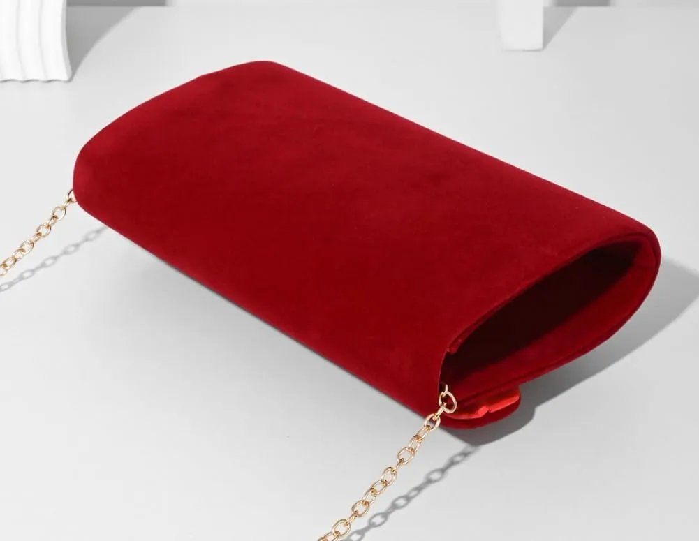 Velvet Wine Red Evening Bag - Elegant Fabric Clutch with Rhinestone Bow for Women's Banquets and Special Occasions