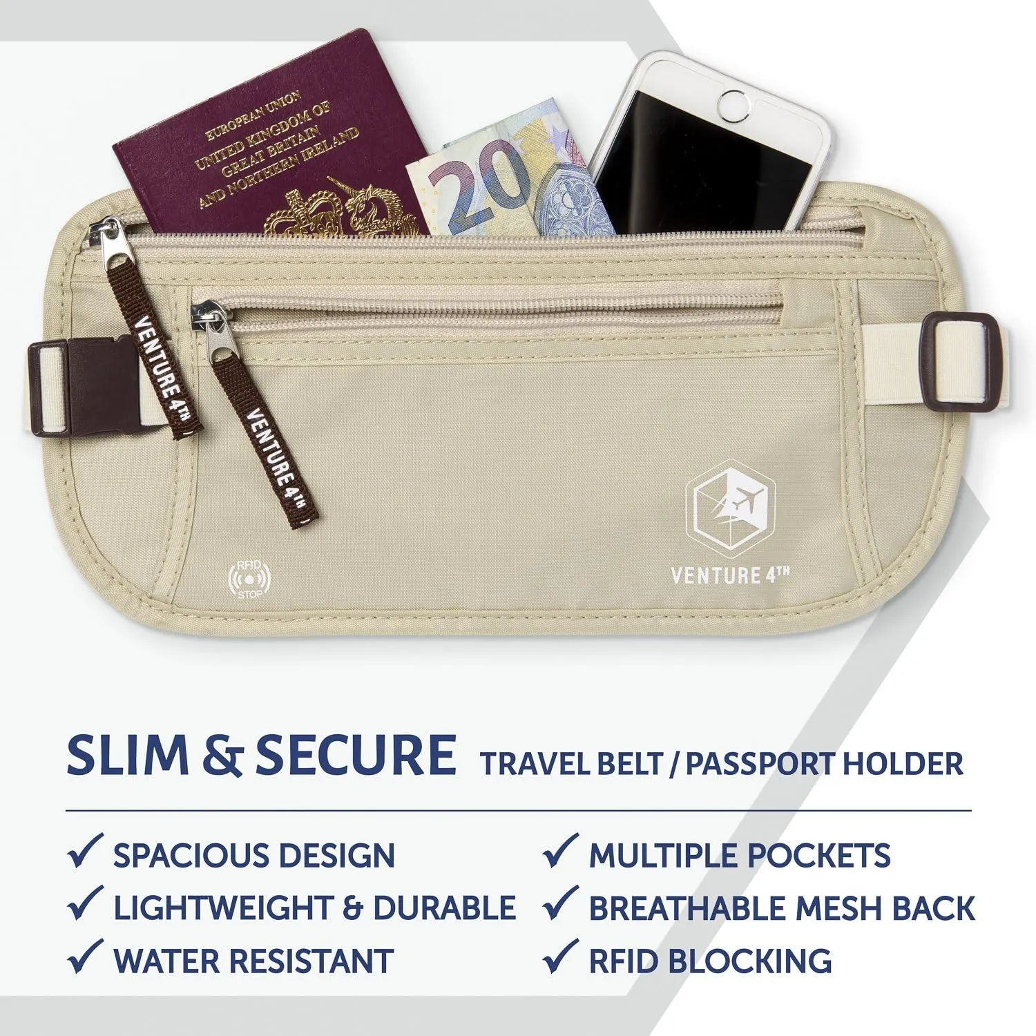 VENTURE 4TH Slim Minimalist Design RFID Money Belt with RFID Blocking Sleeves, for Men and Women – Ideal for Keeping Your Cash, Credit Card, Passport, Phone Secure When Traveling - Beige