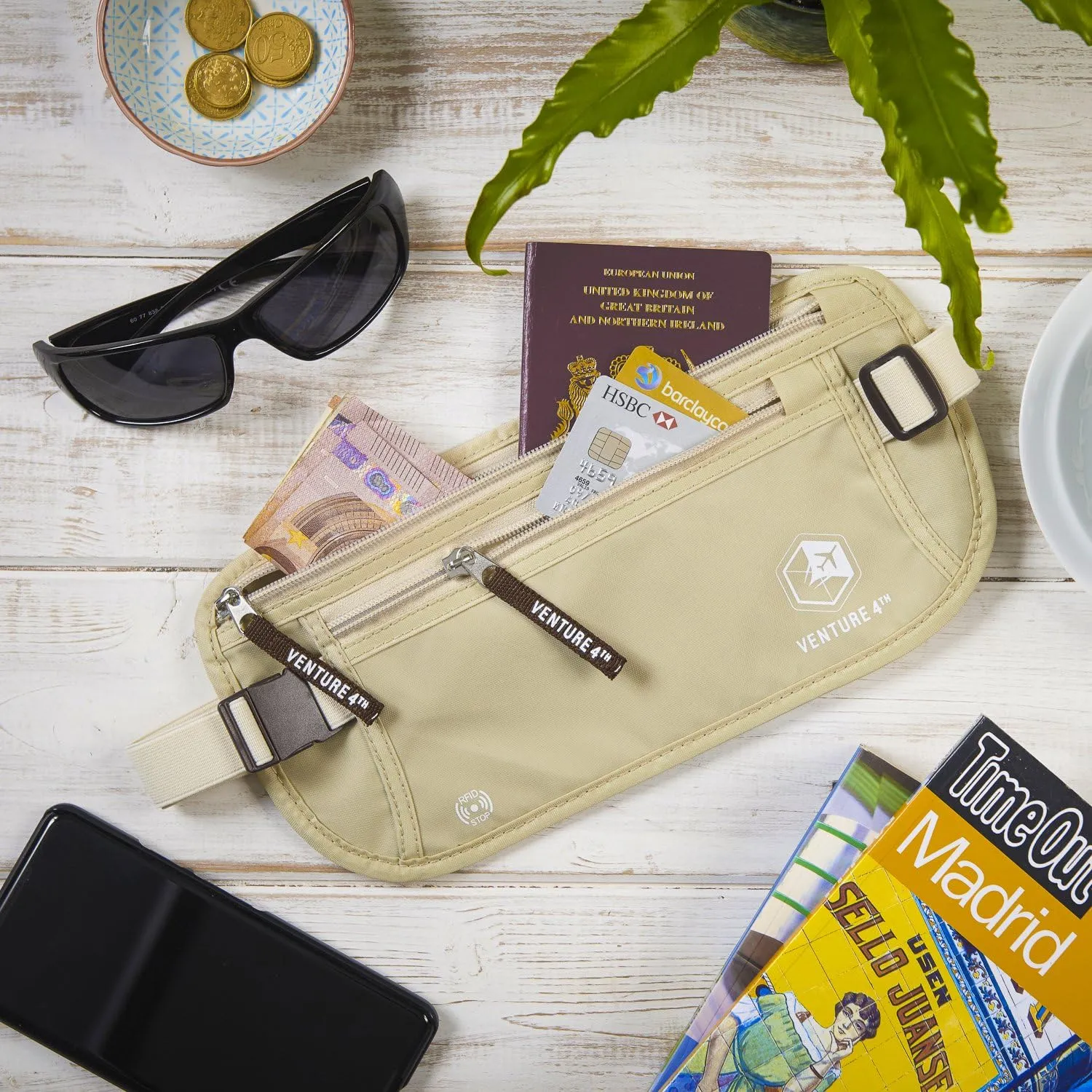 VENTURE 4TH Slim Minimalist Design RFID Money Belt with RFID Blocking Sleeves, for Men and Women – Ideal for Keeping Your Cash, Credit Card, Passport, Phone Secure When Traveling - Beige