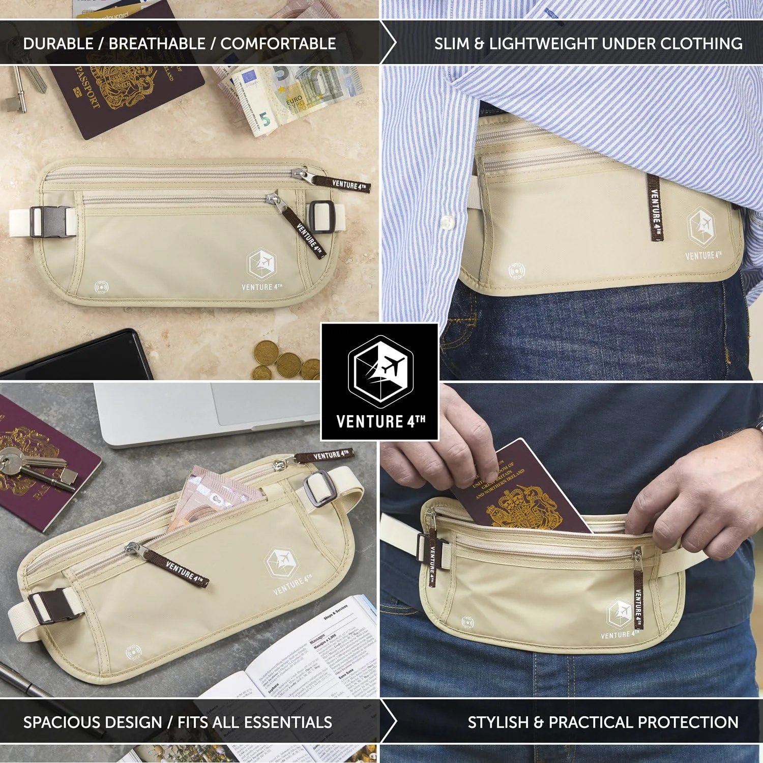 VENTURE 4TH Slim Minimalist Design RFID Money Belt with RFID Blocking Sleeves, for Men and Women – Ideal for Keeping Your Cash, Credit Card, Passport, Phone Secure When Traveling - Beige