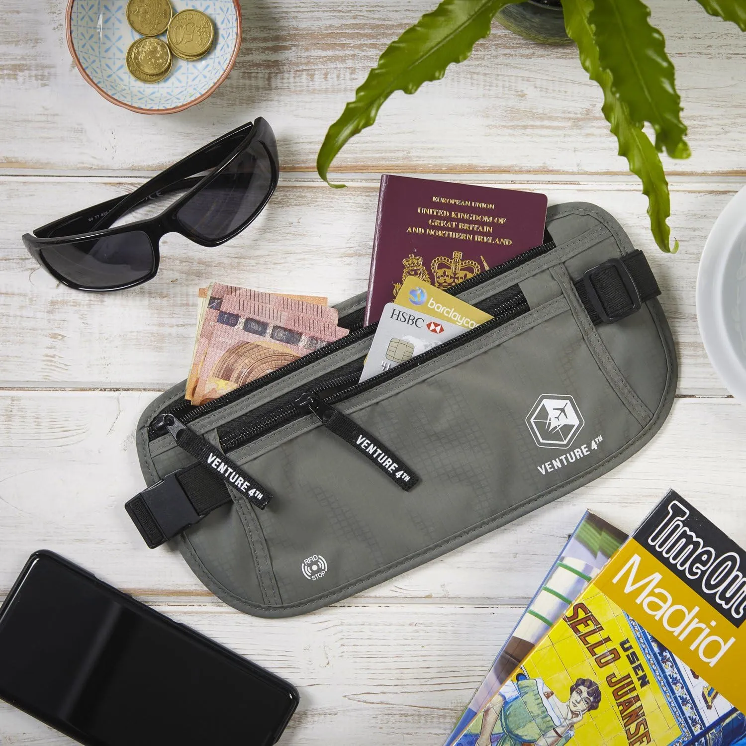 VENTURE 4TH Slim Minimalist Design RFID Money Belt with RFID Blocking Sleeves, for Men and Women – Ideal for Keeping Your Cash, Credit Card, Passport, Phone Secure When Traveling - Gray