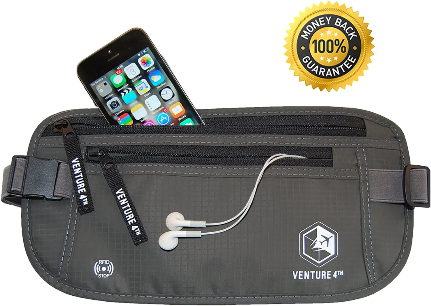 VENTURE 4TH Slim Minimalist Design RFID Money Belt with RFID Blocking Sleeves, for Men and Women – Ideal for Keeping Your Cash, Credit Card, Passport, Phone Secure When Traveling - Gray
