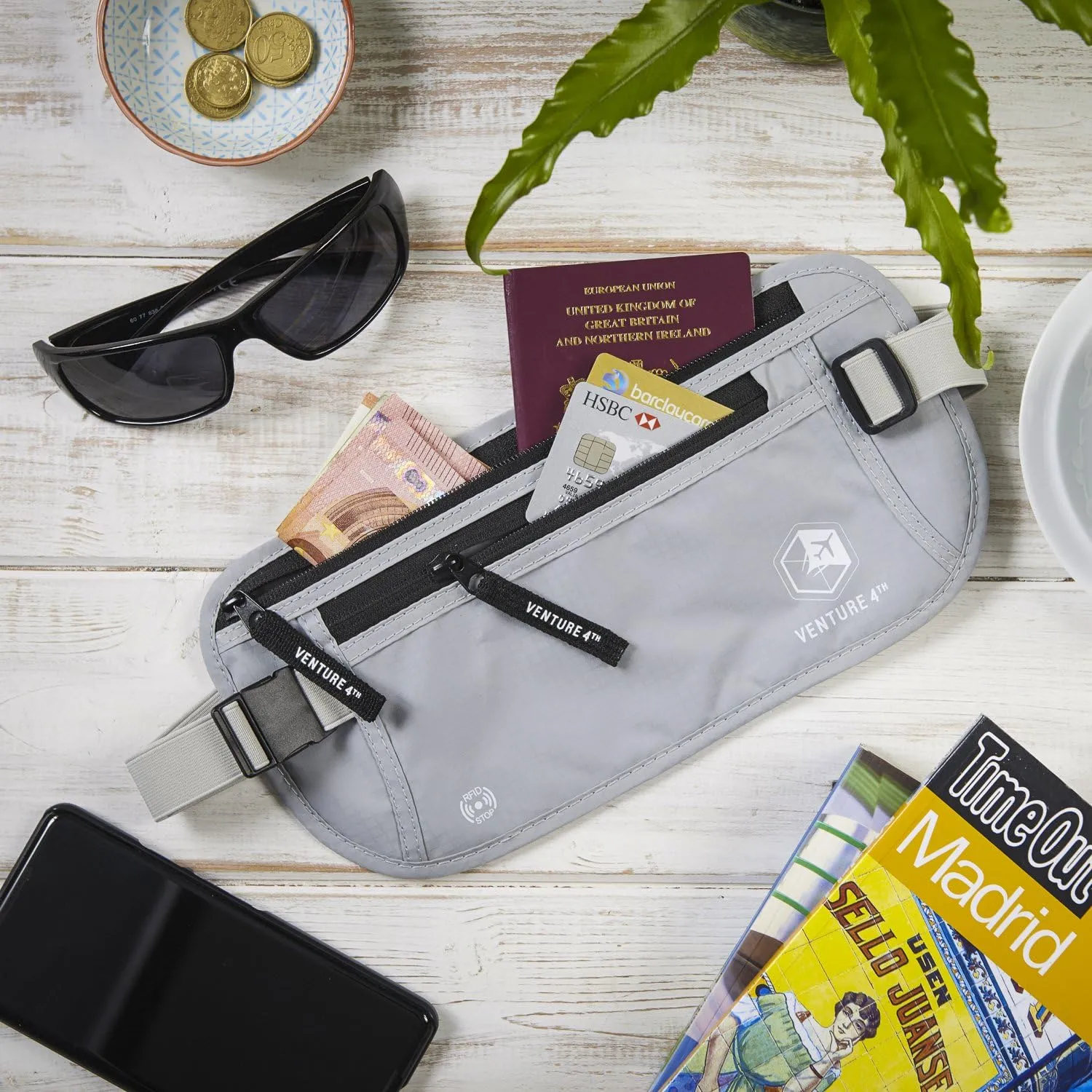 VENTURE 4TH Slim Minimalist Design RFID Money Belt with RFID Blocking Sleeves, for Men and Women – Ideal for Keeping Your Cash, Credit Card, Passport, Phone Secure When Traveling - Silver
