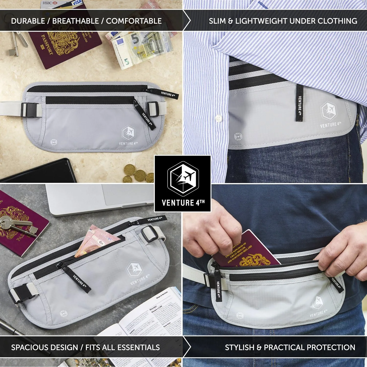 VENTURE 4TH Slim Minimalist Design RFID Money Belt with RFID Blocking Sleeves, for Men and Women – Ideal for Keeping Your Cash, Credit Card, Passport, Phone Secure When Traveling - Silver
