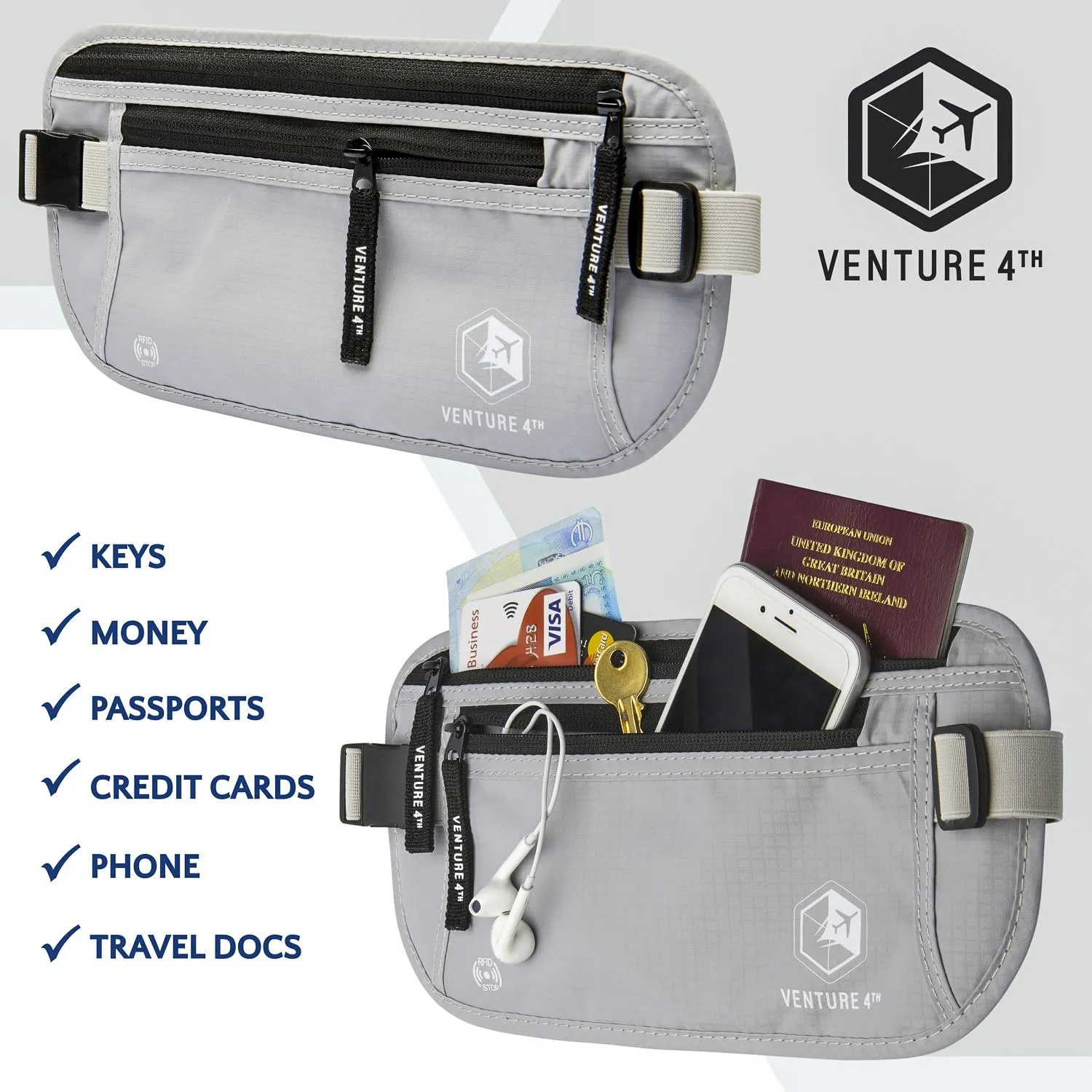 VENTURE 4TH Slim Minimalist Design RFID Money Belt with RFID Blocking Sleeves, for Men and Women – Ideal for Keeping Your Cash, Credit Card, Passport, Phone Secure When Traveling - Silver