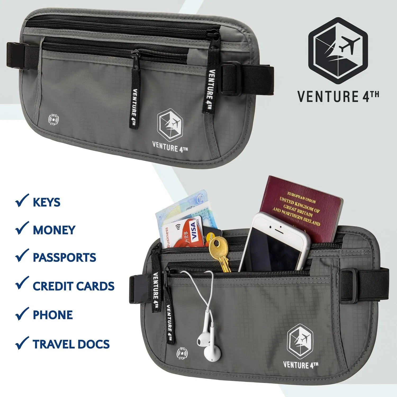 VENTURE 4TH Travel Money Belt - RFID Blocking (Gray)
