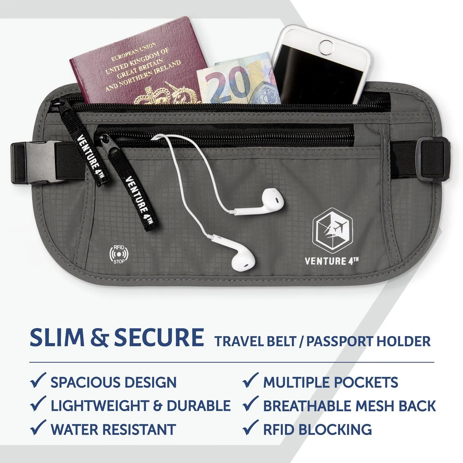 VENTURE 4TH Travel Money Belt - RFID Blocking (Gray)
