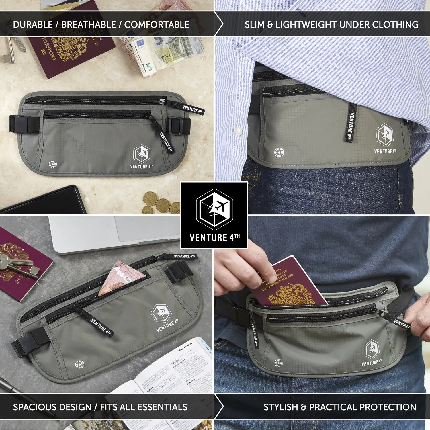 VENTURE 4TH Travel Money Belt - RFID Blocking (Gray)