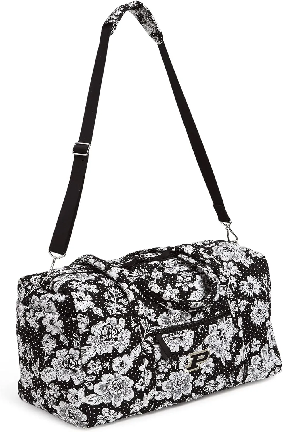 Vera Bradley Women's Cotton Collegiate Large Travel Duffle Bag (Multiple Teams Available), Purdue University Black/White Rain Garden - Recycled Cotton, One Size