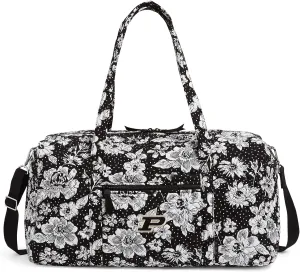 Vera Bradley Women's Cotton Collegiate Large Travel Duffle Bag (Multiple Teams Available), Purdue University Black/White Rain Garden - Recycled Cotton, One Size