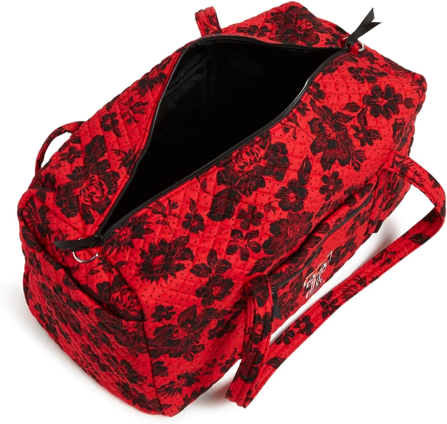 Vera Bradley Women's Cotton Collegiate Large Travel Duffle Bag (Multiple Teams Available), Red/Black Rain Garden With Texas Tech University - Recycled Cotton, One Size