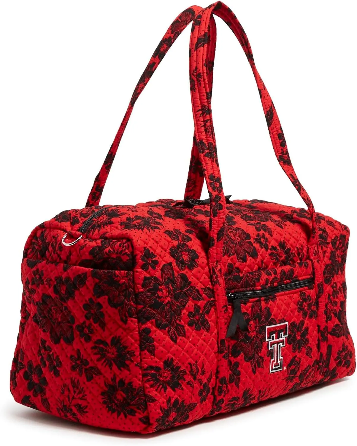 Vera Bradley Women's Cotton Collegiate Large Travel Duffle Bag (Multiple Teams Available), Red/Black Rain Garden With Texas Tech University - Recycled Cotton, One Size