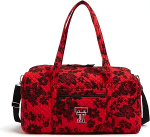 Vera Bradley Women's Cotton Collegiate Large Travel Duffle Bag (Multiple Teams Available), Red/Black Rain Garden With Texas Tech University - Recycled Cotton, One Size