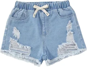 Verdusa Girl's Casual Paperbag Waist Belted Denim Shorts with Pockets