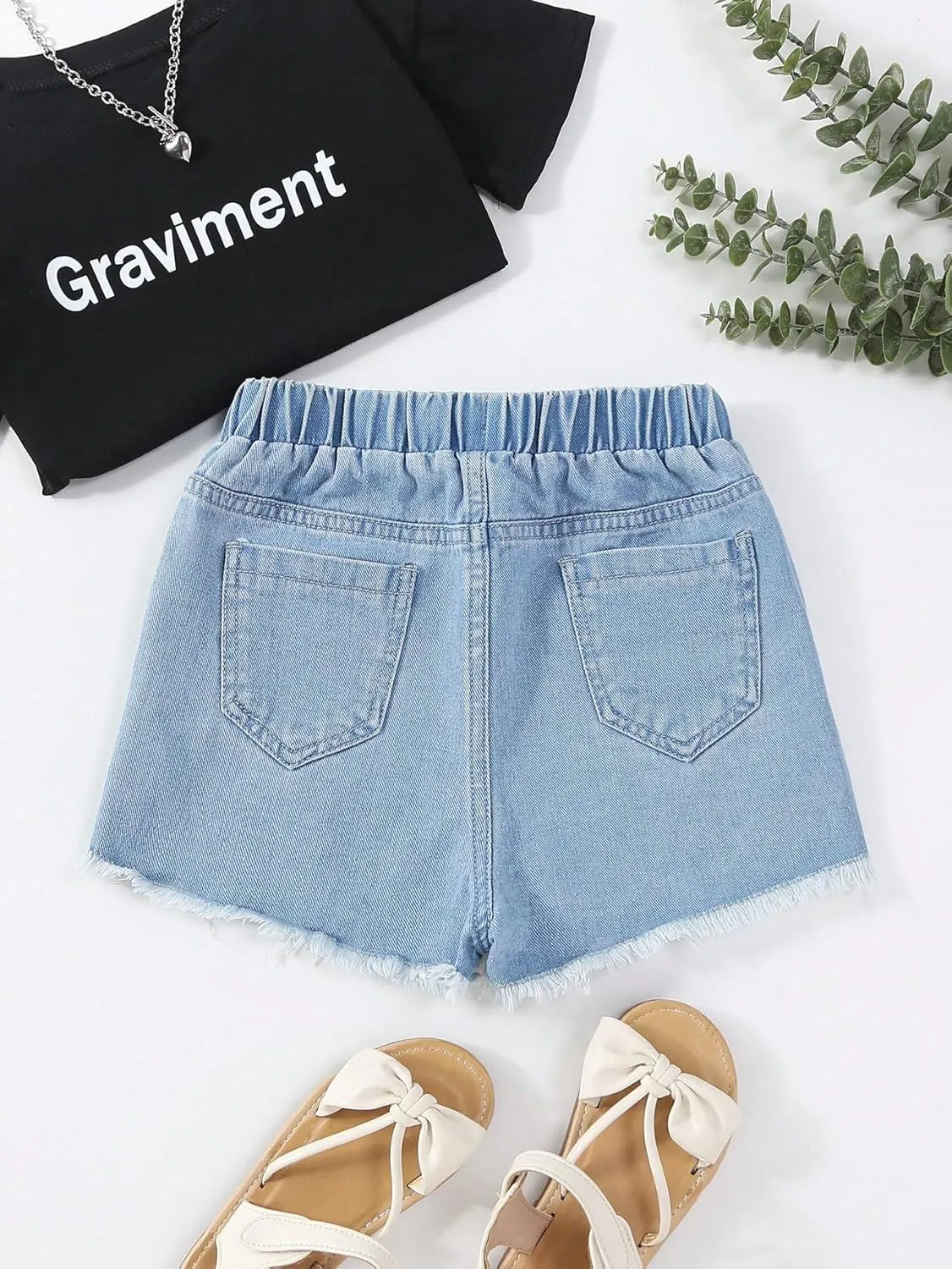 Verdusa Girl's Casual Paperbag Waist Belted Denim Shorts with Pockets