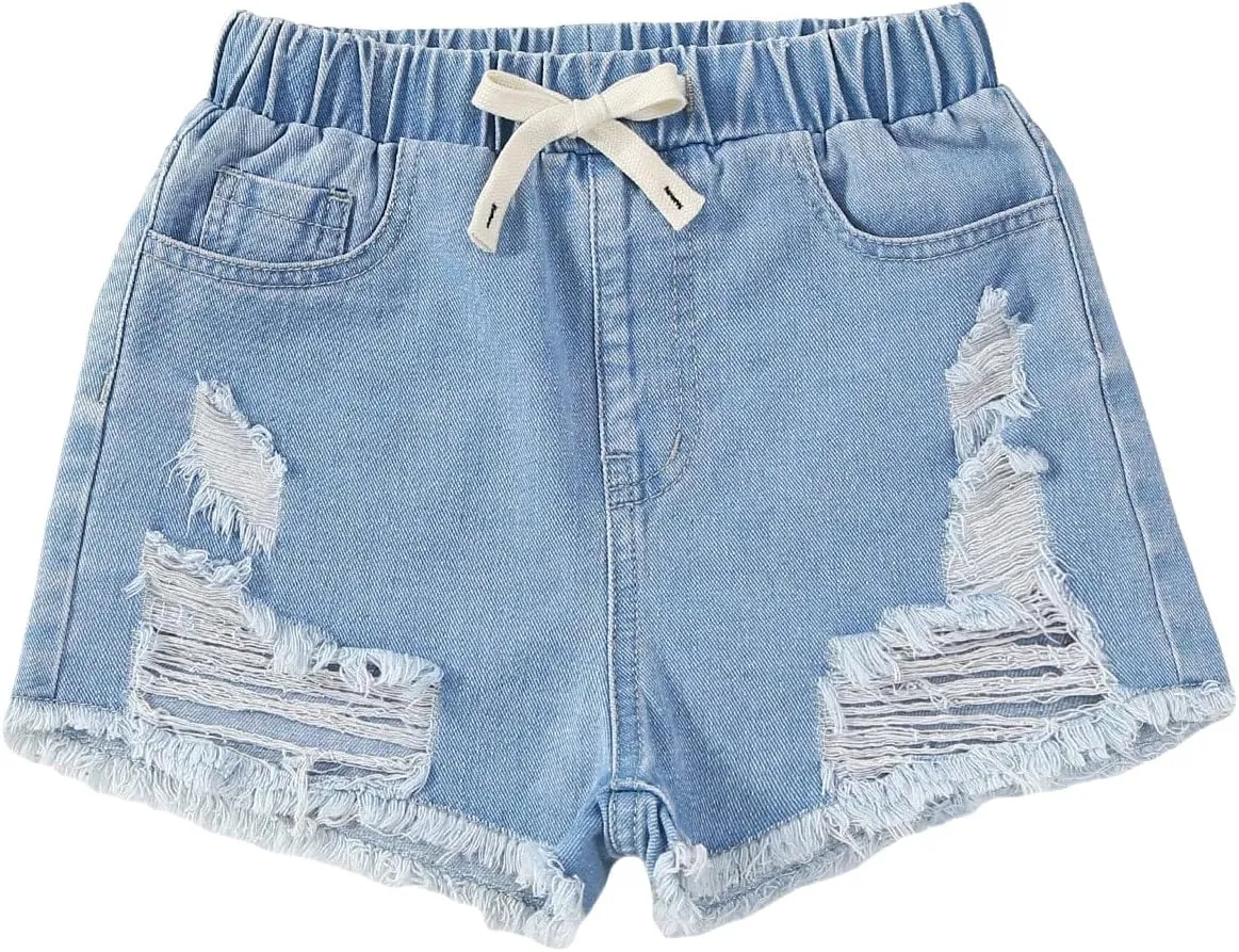 Verdusa Girl's Casual Paperbag Waist Belted Denim Shorts with Pockets