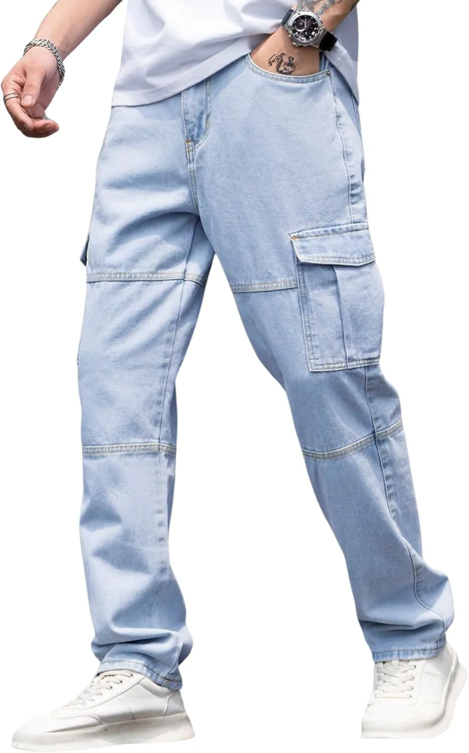 Verdusa Men's Casual Denim Cargo Pants Jeans with Cargo Pockets