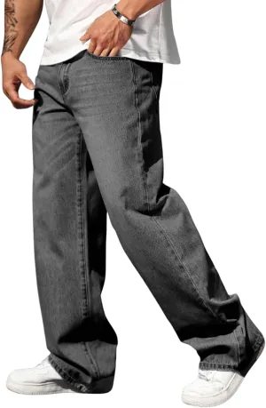Verdusa Men's High Waist Loose Jeans Baggy Straight Leg Denim Pants Trousers