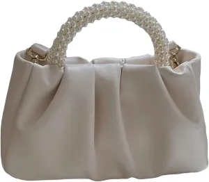 Verdusa Women's Evening Purses Pearl Clutch Handbags Leather Ruched Crossbody Bag