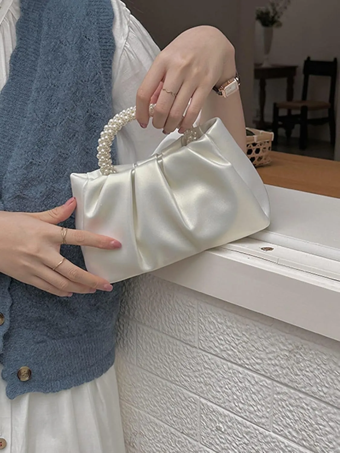 Verdusa Women's Evening Purses Pearl Clutch Handbags Leather Ruched Crossbody Bag