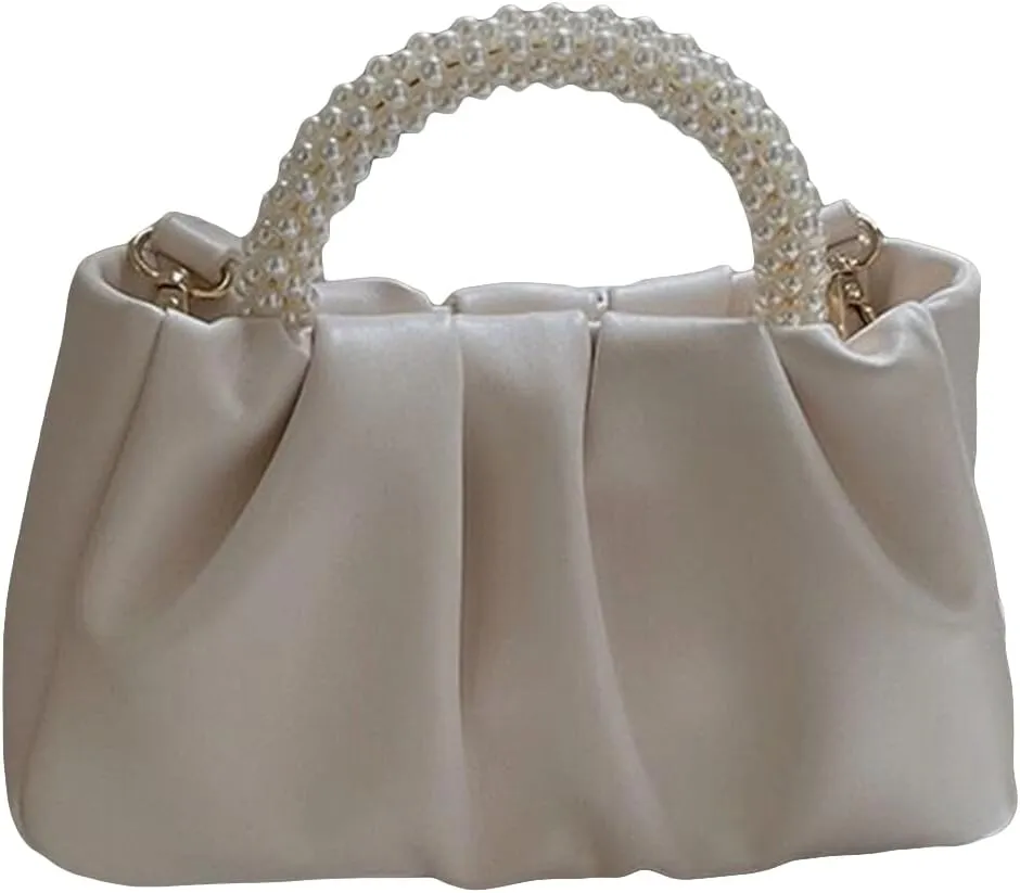Verdusa Women's Evening Purses Pearl Clutch Handbags Leather Ruched Crossbody Bag