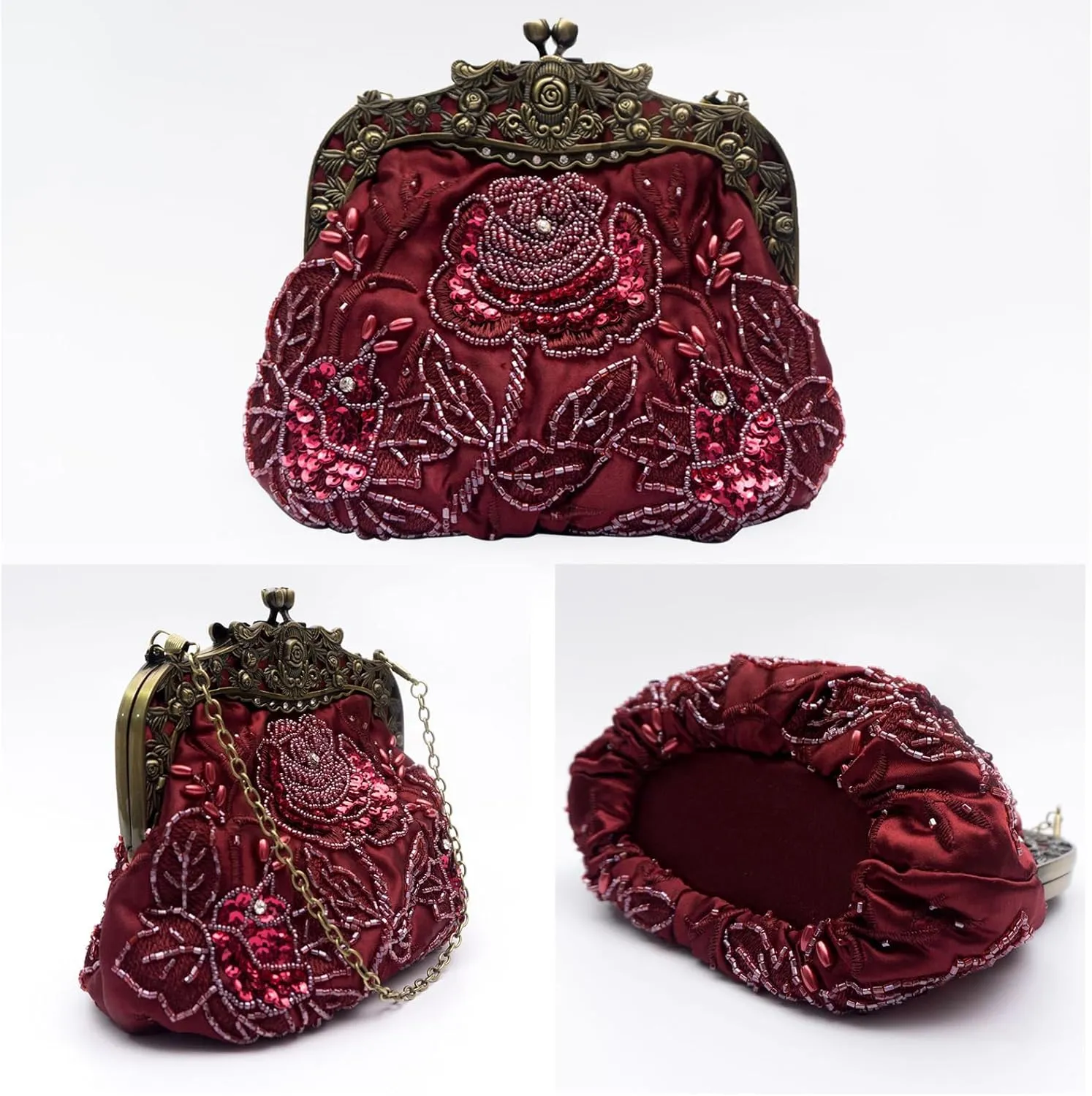 Vintage 1920s Beaded Evening Bag Pearl Clutch Bag for Women Bridal Wedding Purse Sequin Rhinestone Handbag