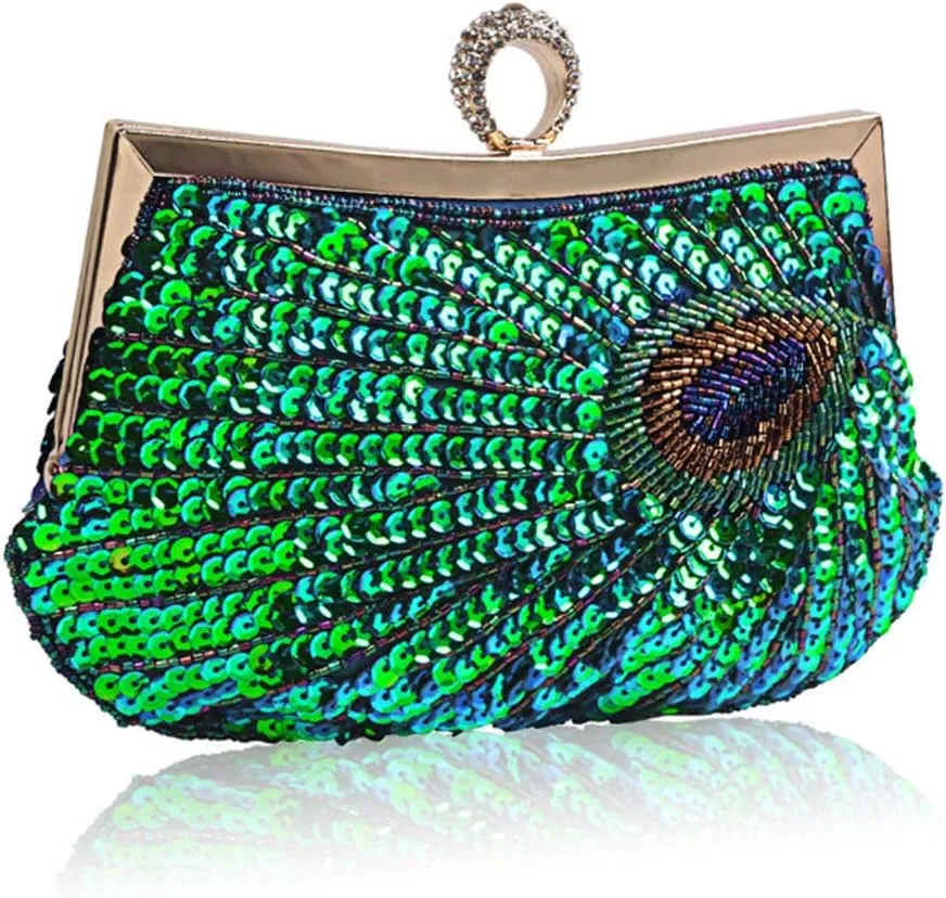 Vintage Beaded Sequin Peacock Clutch Purse Evening Bags (Blue)