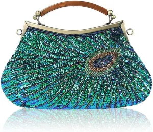 Vintage Beaded Sequin Peacock Clutch Purse Evening Bags (Blue)