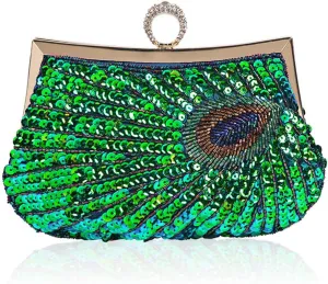 Vintage Beaded Sequin Peacock Clutch Purse Evening Bags (Blue)
