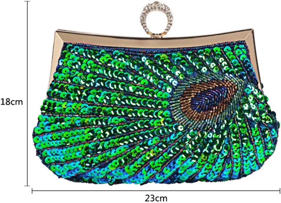 Vintage Beaded Sequin Peacock Clutch Purse Evening Bags (Blue)