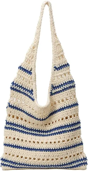 Vintage Crochet Tote Bag for Women Color-Block Striped Boho Shoulder Bag Handwoven Summer Beach Purse for Work Travel