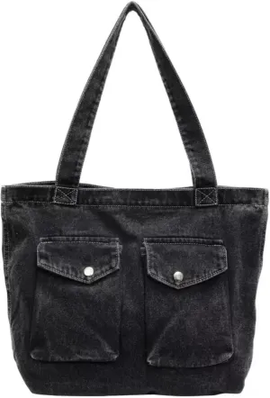 Vintage Denim Tote Handbag for Women Nostalgic Jean Shoulder Bag Purse Casual Top Handle Purse