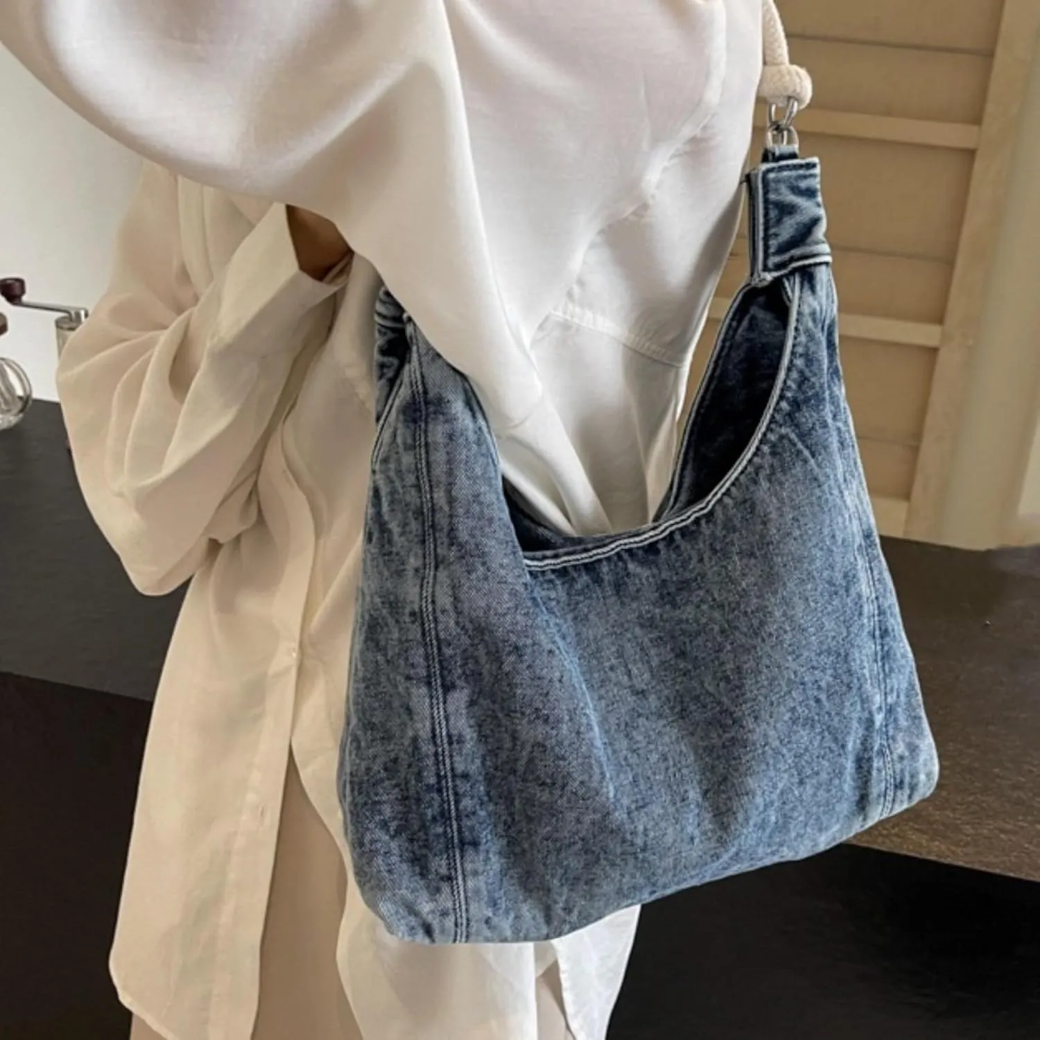 Vintage Denim Tote Handbag for Women Nostalgic Jean Shoulder Bag Purse Casual Top Handle Purse