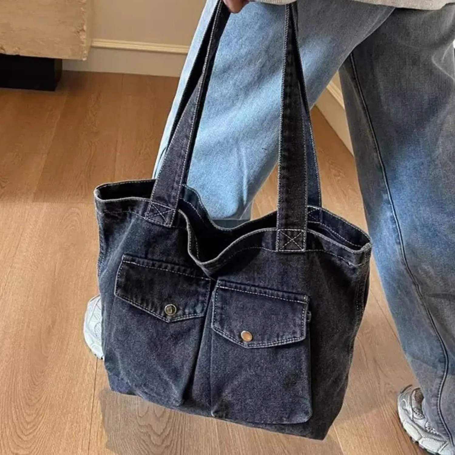 Vintage Denim Tote Handbag for Women Nostalgic Jean Shoulder Bag Purse Casual Top Handle Purse