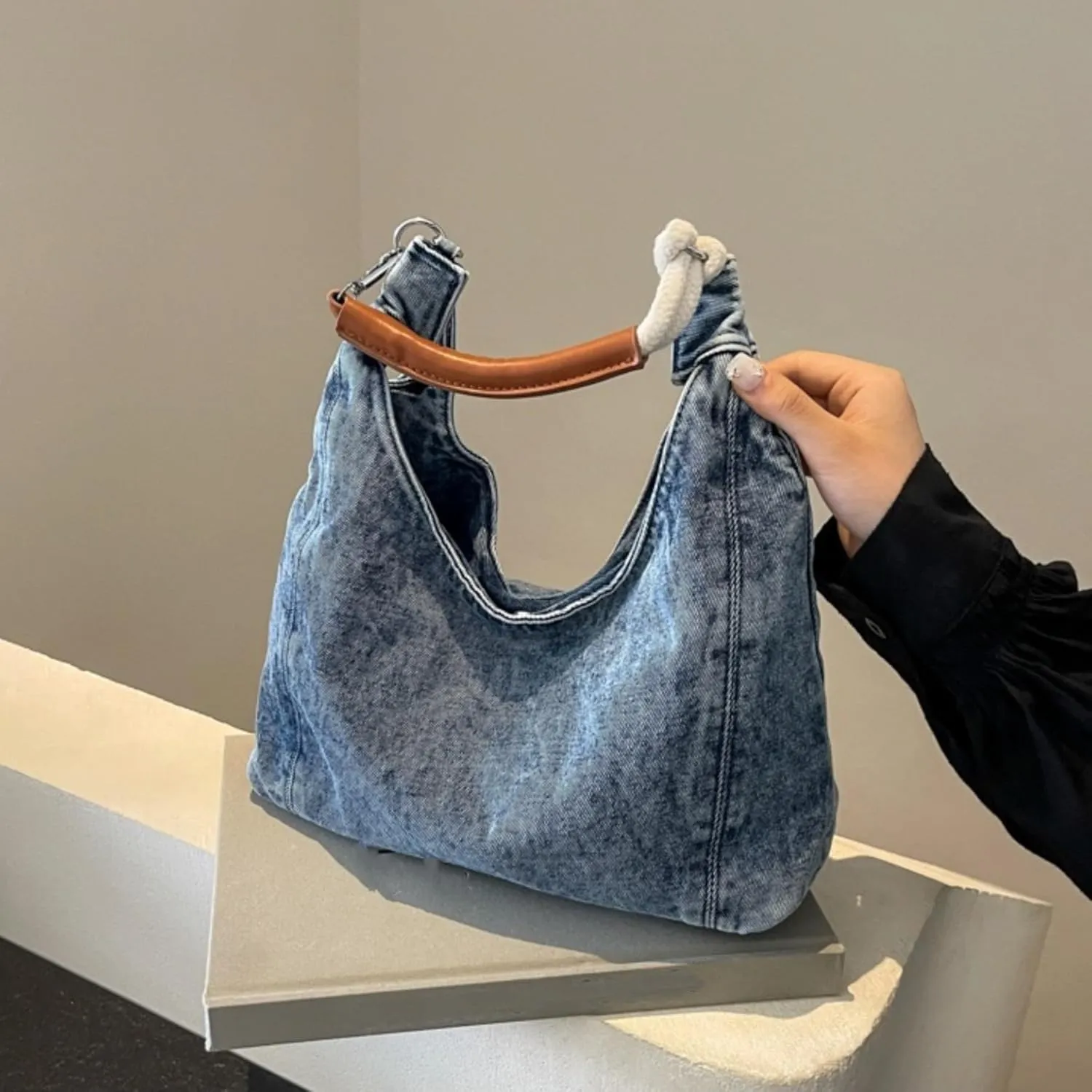 Vintage Denim Tote Handbag for Women Nostalgic Jean Shoulder Bag Purse Casual Top Handle Purse