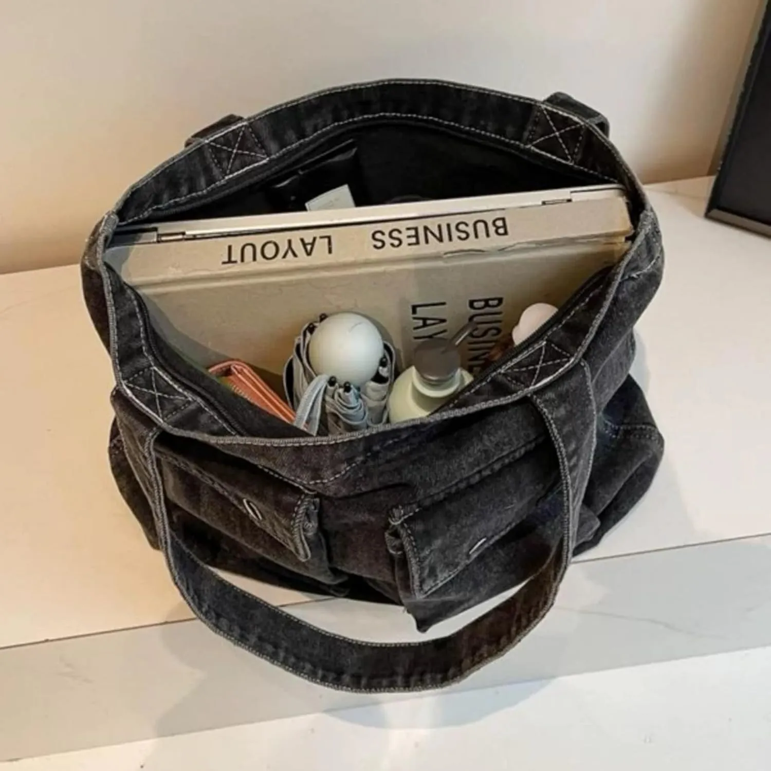 Vintage Denim Tote Handbag for Women Nostalgic Jean Shoulder Bag Purse Casual Top Handle Purse