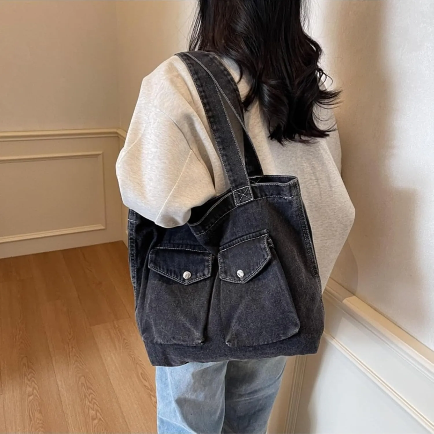 Vintage Denim Tote Handbag for Women Nostalgic Jean Shoulder Bag Purse Casual Top Handle Purse