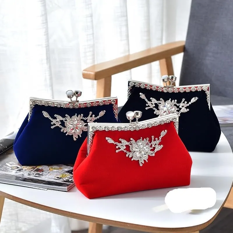 Vintage Diamond-Studded Velvet Cheongsam Clutch Bag For Women Banquet Handbag