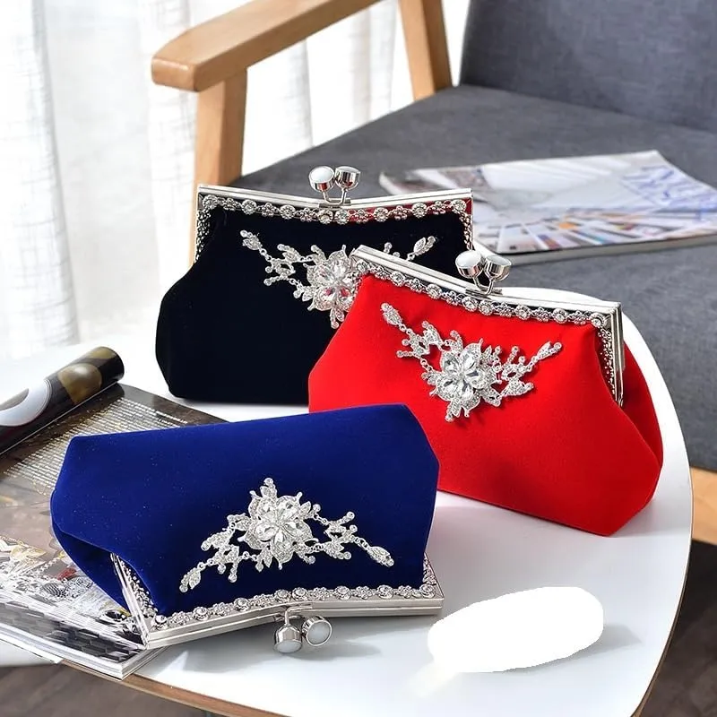 Vintage Diamond-Studded Velvet Cheongsam Clutch Bag For Women Banquet Handbag