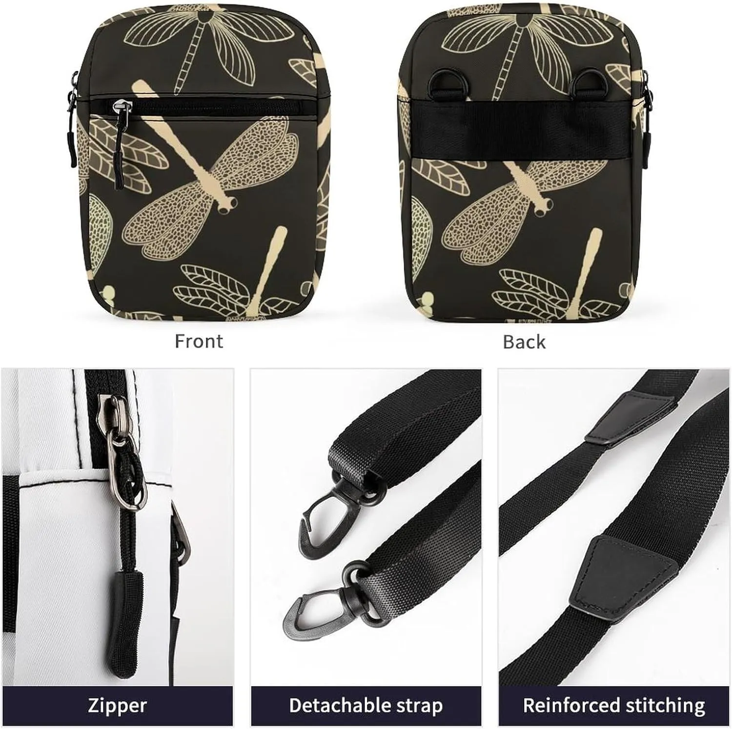 Vintage Dragonflies Seamless On Black Adjustable Fanny Waist Pack Pouch, Waterproof Crossbody Runners Bag Wallet for Gym Hiking Fitness Women Men 6.1 x 2.2 x 7.9 inch