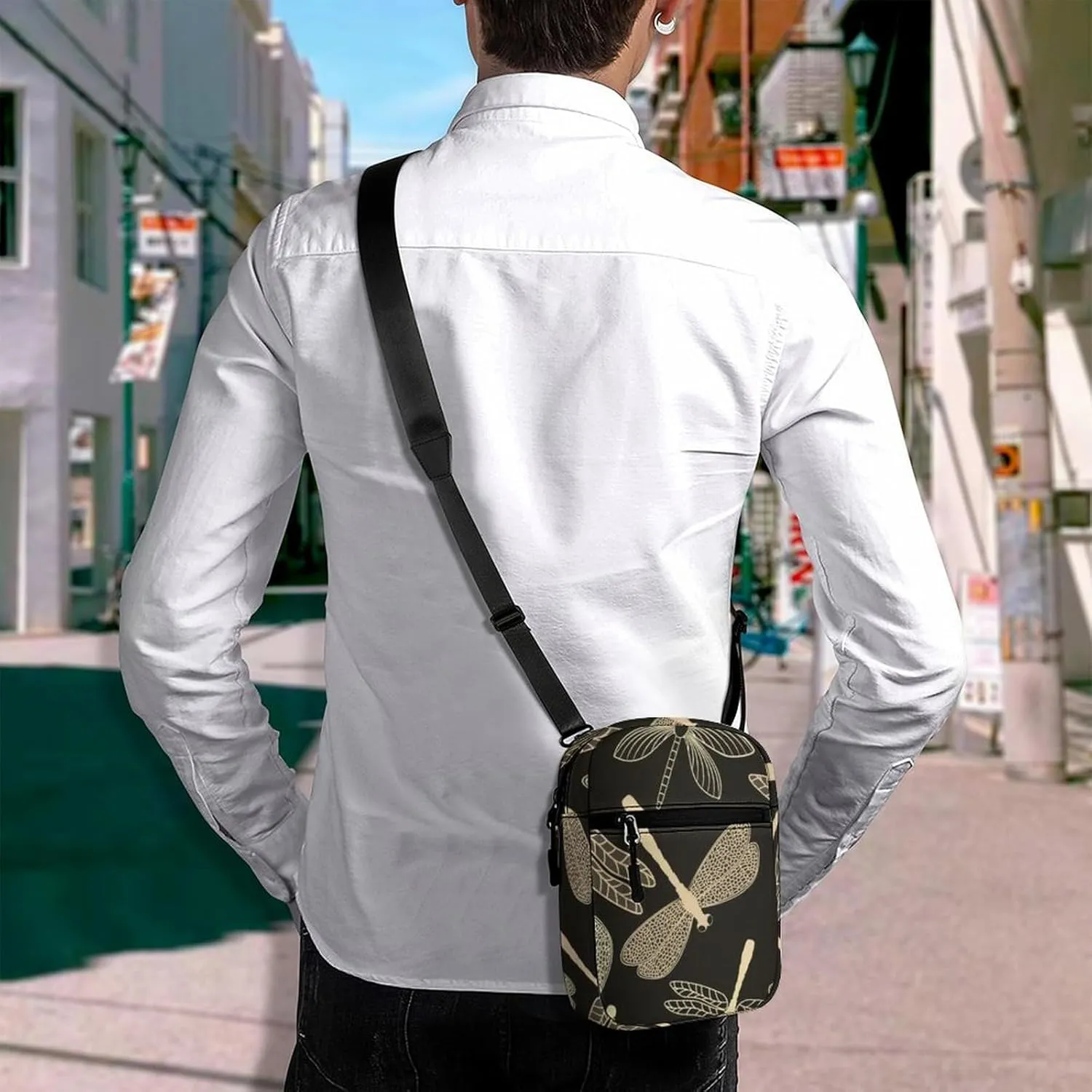 Vintage Dragonflies Seamless On Black Adjustable Fanny Waist Pack Pouch, Waterproof Crossbody Runners Bag Wallet for Gym Hiking Fitness Women Men 6.1 x 2.2 x 7.9 inch