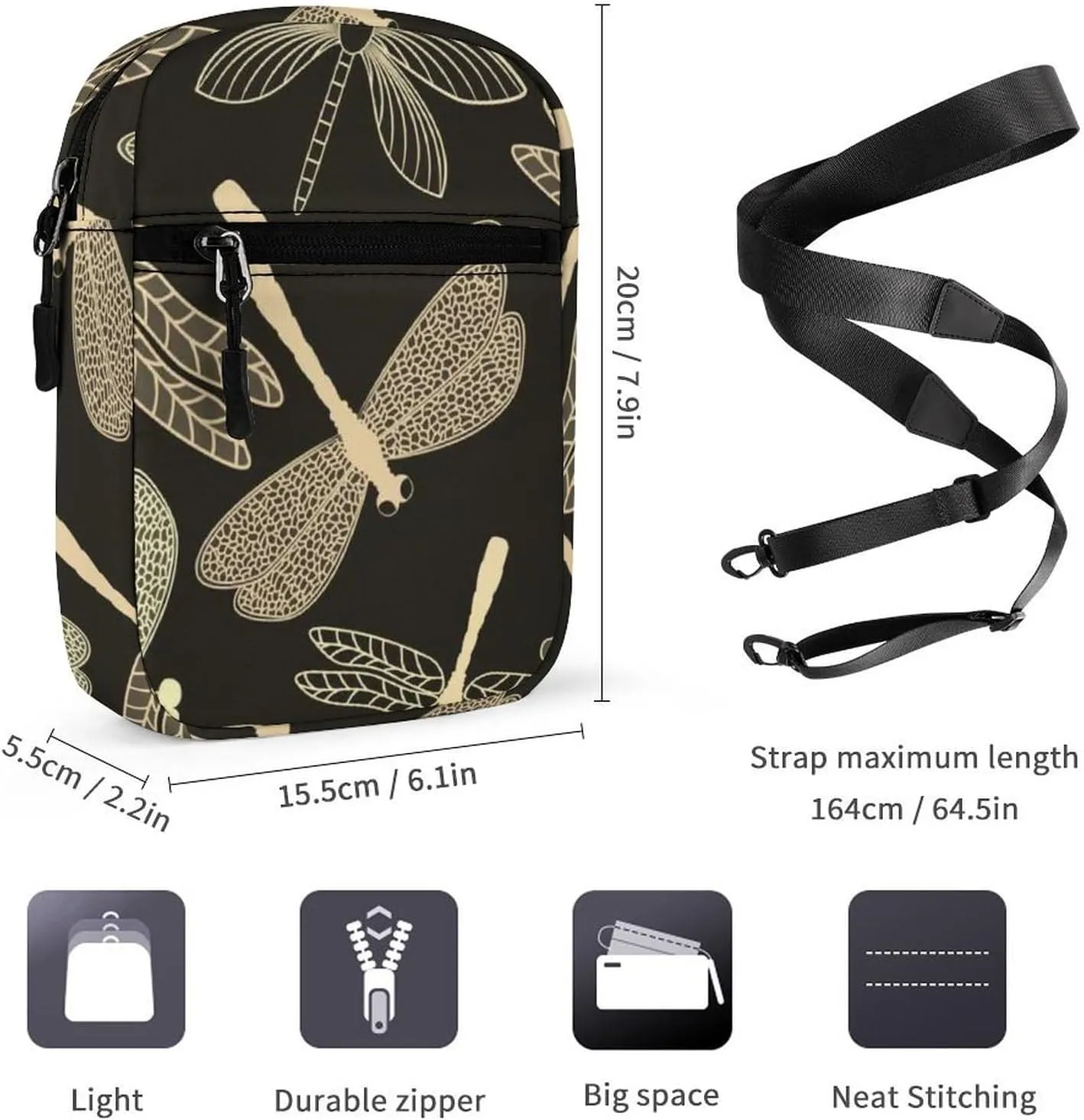 Vintage Dragonflies Seamless On Black Adjustable Fanny Waist Pack Pouch, Waterproof Crossbody Runners Bag Wallet for Gym Hiking Fitness Women Men 6.1 x 2.2 x 7.9 inch