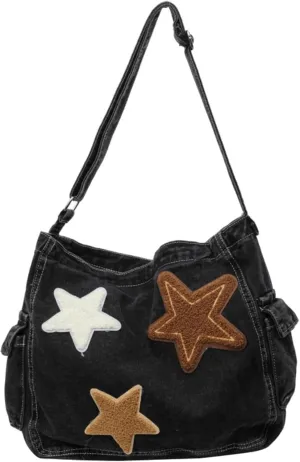 Vintage Star Denim Messenger Bag, Aesthetic Y2K Jean Tote Bag for Women Men, Casual Retro Hobo Bag for Travel Vacation Work