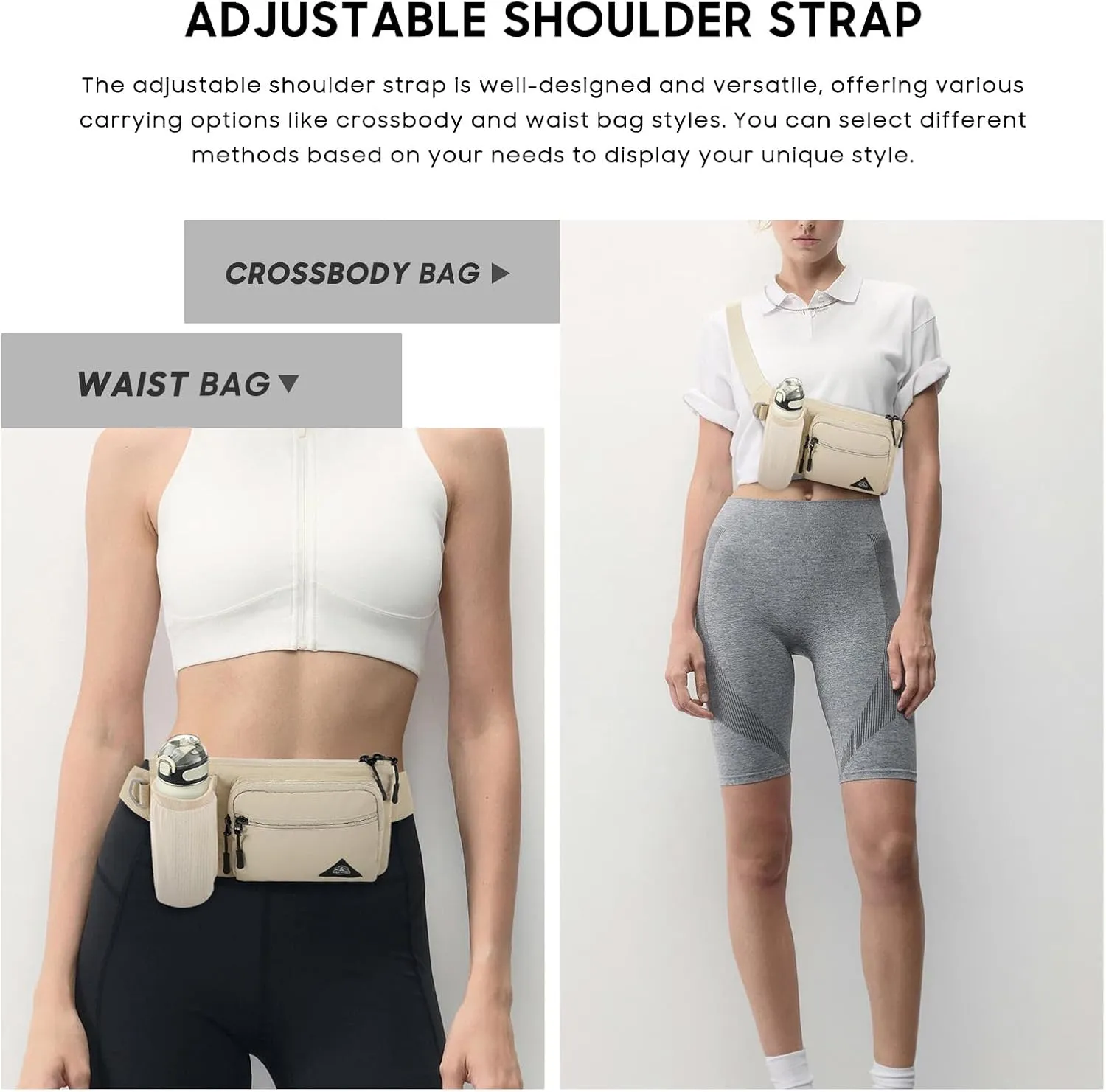 Waist Pack with Water Bottle Holder for Men Women Waist Bag Running Waist Pack Waterproof for Outdoor Travel Cycling Climbing Walking Fit All Phones (Bottle Not Included) (Beige)