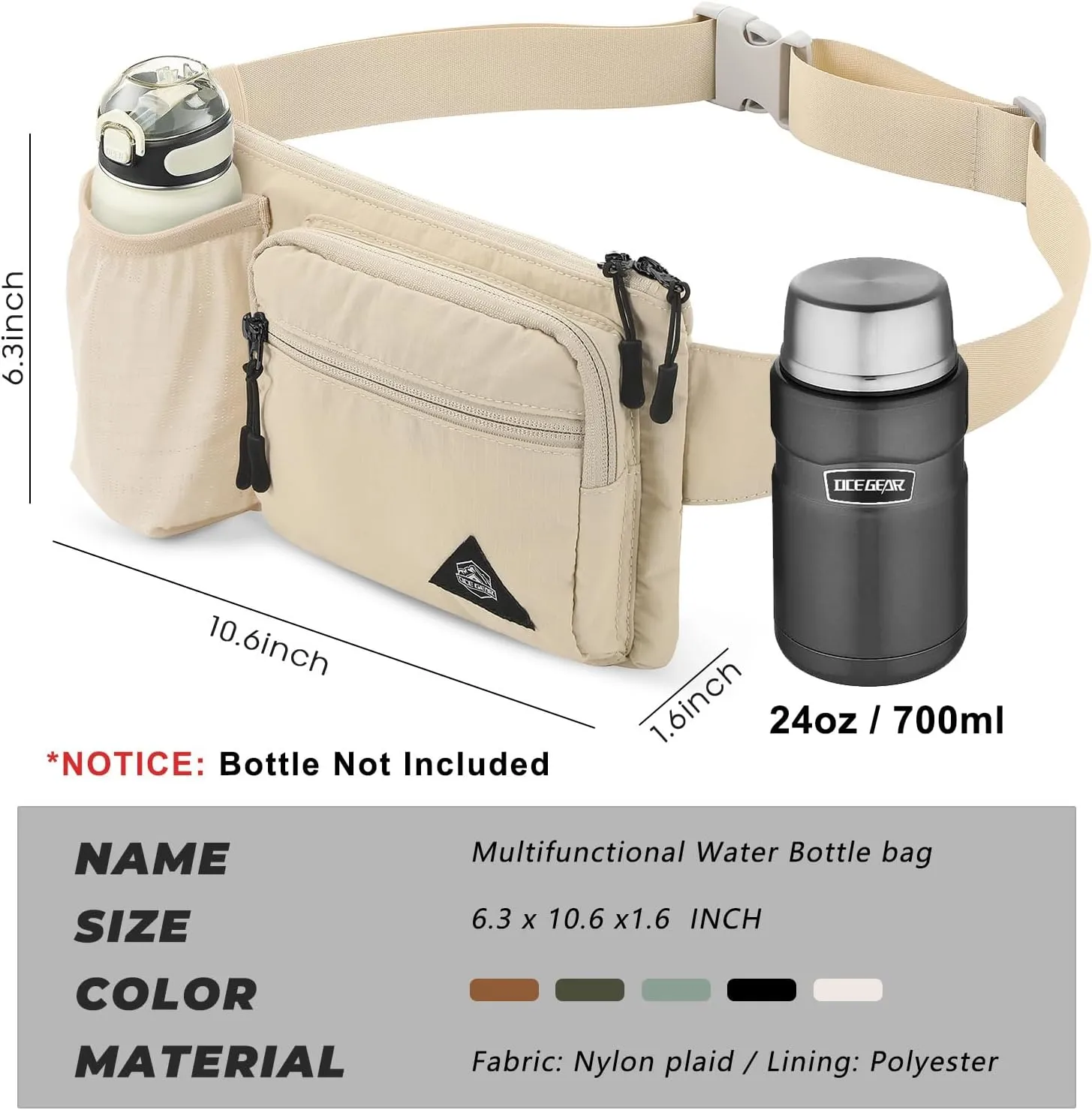 Waist Pack with Water Bottle Holder for Men Women Waist Bag Running Waist Pack Waterproof for Outdoor Travel Cycling Climbing Walking Fit All Phones (Bottle Not Included) (Beige)
