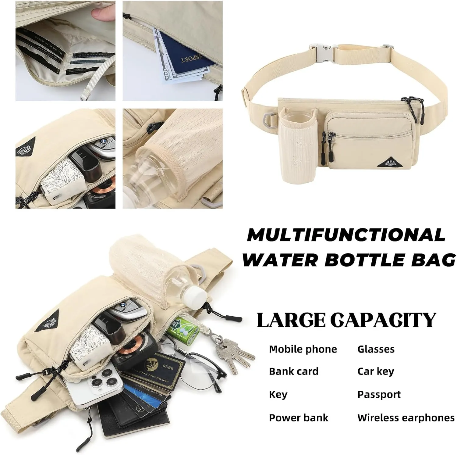 Waist Pack with Water Bottle Holder for Men Women Waist Bag Running Waist Pack Waterproof for Outdoor Travel Cycling Climbing Walking Fit All Phones (Bottle Not Included) (Beige)