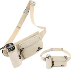 Waist Pack with Water Bottle Holder for Men Women Waist Bag Running Waist Pack Waterproof for Outdoor Travel Cycling Climbing Walking Fit All Phones (Bottle Not Included) (Beige)