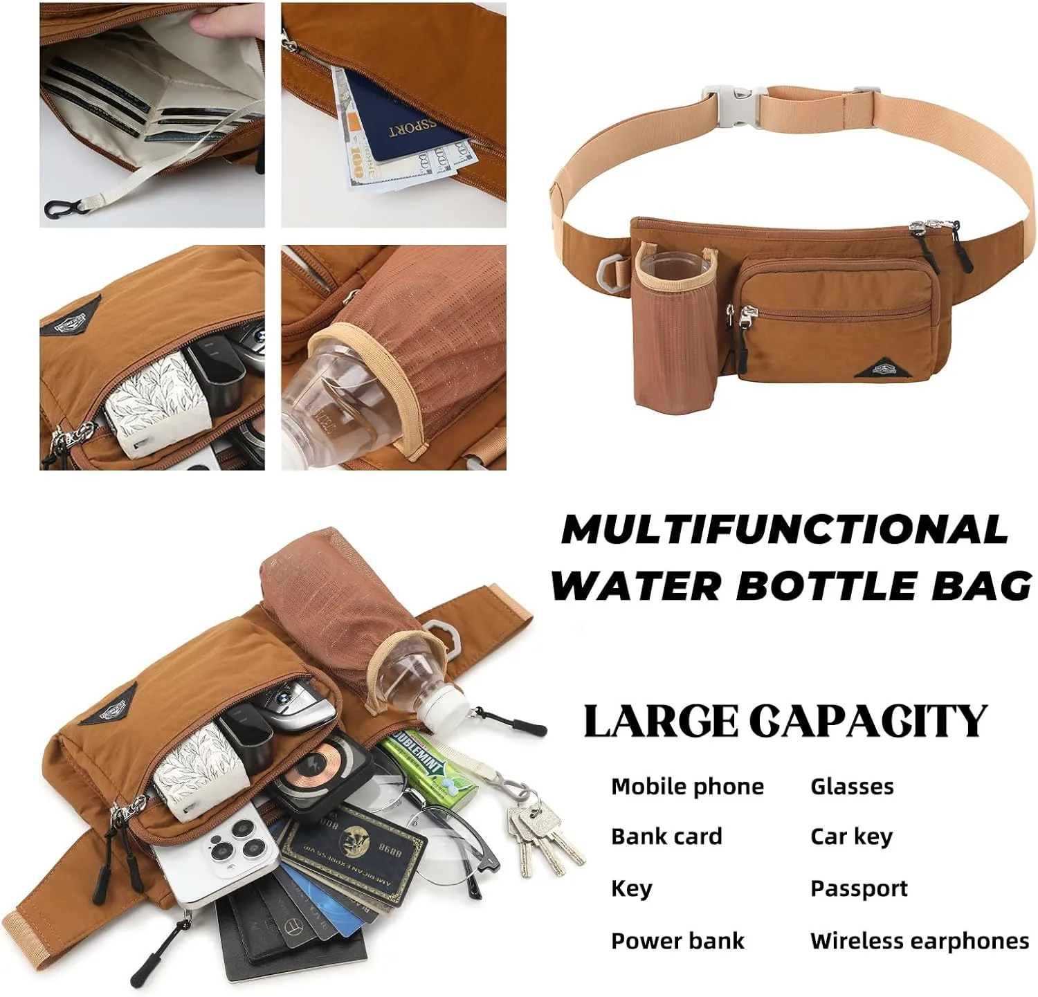 Waist Pack with Water Bottle Holder for Men Women Waist Bag Running Waist Pack Waterproof for Outdoor Travel Cycling Climbing Walking Fit All Phones (Bottle Not Included)(Orange)