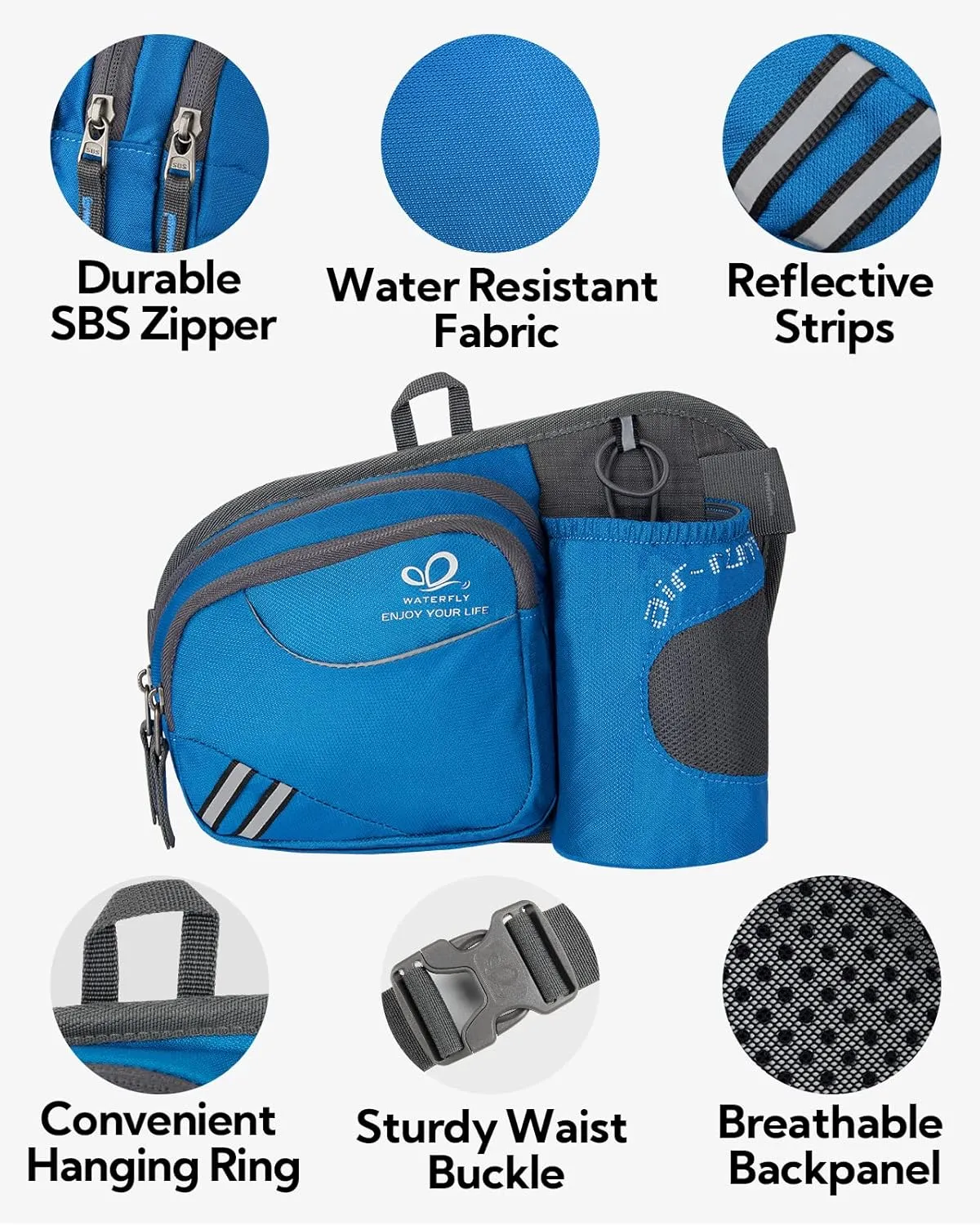 WATERFLY Fanny Pack Waist Bag: Waist Pack for Women Men with Water Bottle Holder Hiking Fanny Pack for Running Walking DogWalking Travel Cycling