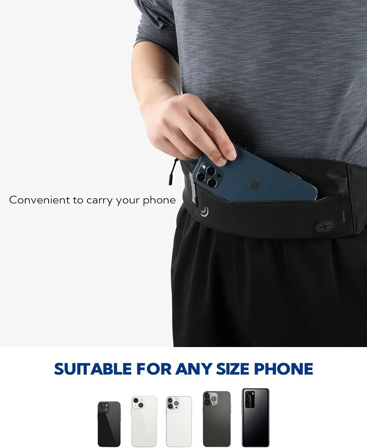 WATERFLY Running Belt Fanny Pack: Runner Marathon Jogging Waist Pack Sport Workout Exercise Fitness Phone Holder Belt for Men Women Jogger Slim Waistband Black